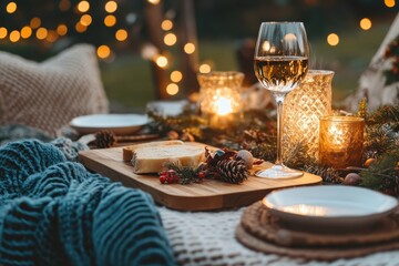 Cozy outdoor dining setup with wine, cheese, and holiday decorations on a warm evening