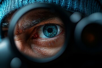 Poster - Hyper-realistic close-up of a detectiveâ€™s focused face, with intense eyes reflecting a crime scene, capturing the dedication and intensity in their work, symbolizing dedication and insight