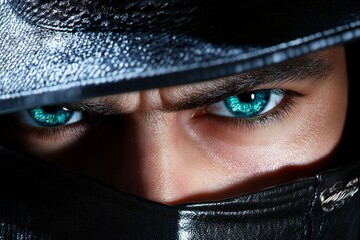 Poster - Hyper-realistic close-up of a detectiveâ€™s focused face, with intense eyes reflecting a crime scene, capturing the dedication and intensity in their work, symbolizing dedication and insight