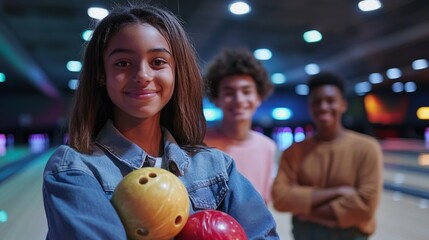 Wall Mural - A girl is holding three bowling balls and smiling