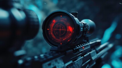 Fototapete - Close-up of a sniper scope with a digital reticle, emphasizing precision targeting.