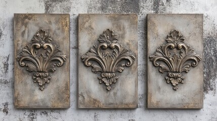 Aufkleber - This set of 3 canvases features volumetric stucco molding on a concrete wall with antique bronze elements