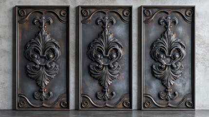 Aufkleber - This set of 3 canvases features volumetric stucco molding on a concrete wall with antique bronze elements