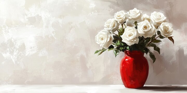 A digital illustration beautifully captures a scene with white roses elegantly arranged in a red vase, set against a stark white wall, all rendered in a hand drawn style.