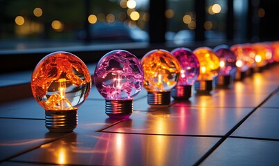 Row of Colorful Light Bulbs on Tiled Floor