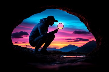Poster - Minimalist silhouette of a detective holding a magnifying glass, capturing the classic image of investigation in simple lines, symbolizing curiosity and focus