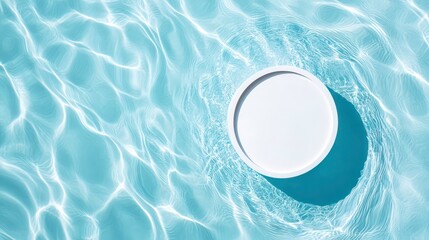 Poster - Top view of white blank cylinder frame for mock up and display of products with water physics under pools or rays. Ripple physics. Summer background. Creative idea concept