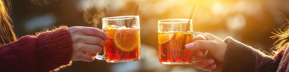 Group of people holding cocktails with ice on nature background