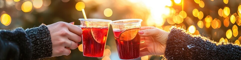 Group of people holding cocktails with ice on nature background