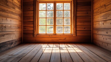 Sticker - Empty corner of a wooden room featuring a window