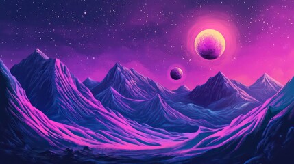 Poster - A surreal cosmic landscape featuring a purple-hued planet and mountainous terrain.