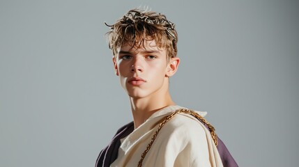 Young man in classical attire with a crown poses against a neutral background, showcasing historical fashion and style