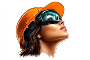Poster - 2D illustration of a worker with a hard hat and safety goggles, drawn with clean lines on a white background, capturing the essentials of industrial safety gear, symbolizing simplicity and order
