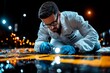 © Thanyarat - A detective inspecting a crime scene at night, crouched down with a flashlight, observing clues with careful attention to detail, symbolizing investigation and focus
