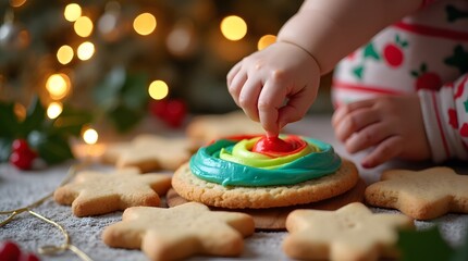 A tiny hand adds vibrant frosting swirls to a star-shaped cookie, surrounded by Christmas lights and more cookies. Festive baking!