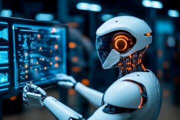 Poster - Blueprint of a futuristic detective agency with robotic assistants, advanced technology, and holographic displays, representing a high-tech approach to mystery-solving, symbolizing progress