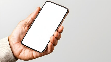 Aufkleber - Minimalist hand holding blank white mockup mobile screen or smartphone against plain white backdrop  Clean simple and modern corporate technology device or product presentation template