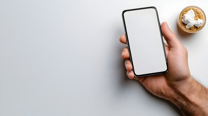Aufkleber - Close up shot of a human hand holding a contemporary smartphone device with a blank white screen set against a clean minimalist white background