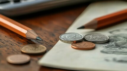 Leinwandbilder - With a few coins on a wooden table and a pencil and paper, an idea for money management was born