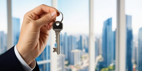 A hand holds a key against a backdrop of modern skyscrapers, symbolizing access, ownership, and opportunity in an urban landscape.