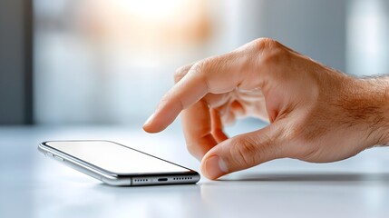 Aufkleber - Close up shot of a human hand swiping across a smartphone screen that is entirely white set against a stark white background creating a clean minimalist and modern visual composition