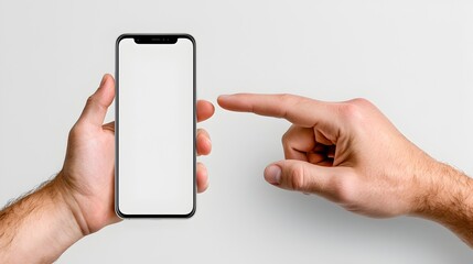 Aufkleber - Minimalist hand gently pressing the side of a blank white mobile screen with a seamless white background  Simple and elegant digital device interaction concept for technology interface