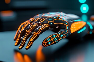 Poster - Cyberpunk robotic arm with neon lights and metallic components, set in a futuristic industrial workshop, capturing the edgy aesthetic of high-tech machinery, symbolizing power and innovation