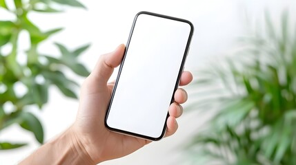 Aufkleber - Close up of a hand holding a mobile phone in a tilted position showcasing a completely white screen against a bright white background creating a minimalist and contemporary composition