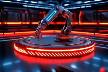 Poster - Cyberpunk robotic arm with neon lights and metallic components, set in a futuristic industrial workshop, capturing the edgy aesthetic of high-tech machinery, symbolizing power and innovation