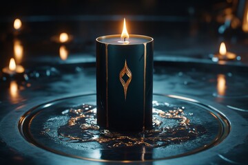 Poster - Dark gothic scene with candle flames illuminating an ancient room, capturing the moody and haunting warmth of flickering light, symbolizing warmth and shadow