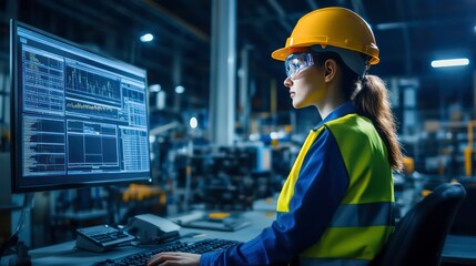 Aufkleber - A worker in safety gear operates a computer in an industrial setting.