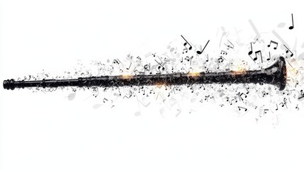 A monochrome clarinet with exploding musical notes, reflecting the energy and vibrancy of music in a dynamic artistic representation.