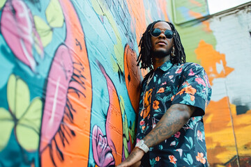 Urban style: man in floral shirt with colorful graffiti wall background and sunglasses