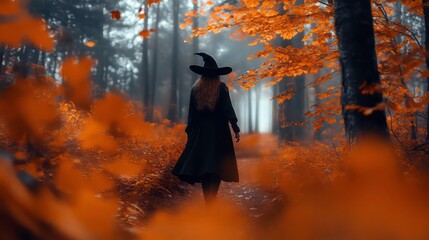 A silhouette of a witch in a forest during autumn, surrounded by warm, golden hues.