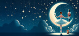Ballerina in a white tutu holding a nutcracker on a crescent moon surrounded by stars and clouds. Nutcracker ballet and Christmas fantasy concept for design and print,