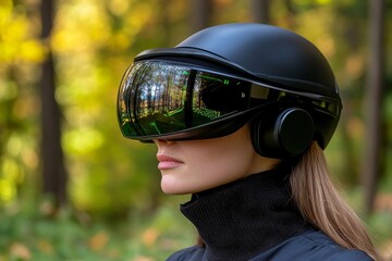 Aufkleber - High-tech industrial helmet with built-in sensors and HUD display, capturing the advanced future of protective gear in hazardous environments, symbolizing innovation and safety