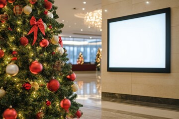 Decorated Christmas tree with red ornaments and a blank display board in a festive hotel lobby setting