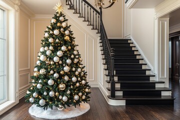 Tall, decorated Christmas tree in the corner of an elegant home, beside a black-and-white staircase adorned with gold ornaments, red glass balls, and white paper decorations, featuring white walls and