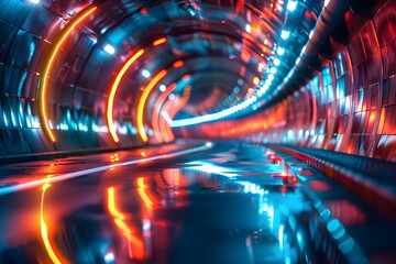 Poster - Vibrant Neon Tunnel with Reflections and Dynamic Lighting Effects