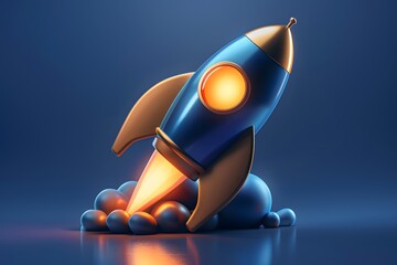 Poster - Vibrant 3D Rocket Launching from a Blue Base