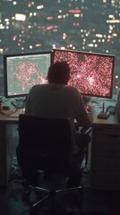 A lone programmer sits in front of two monitors displaying data visualizations, gazing out at the city lights at night.