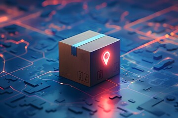 Poster - Digital Delivery: A Box with Location Marker on a Futuristic Map