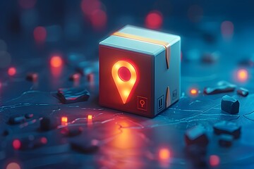 Poster - Illuminated Location Marker Cube in a Futuristic Setting