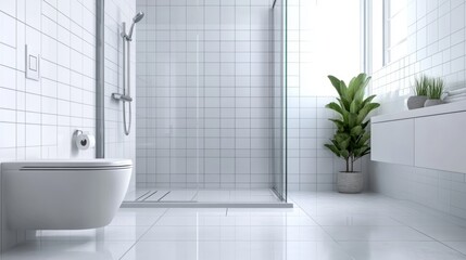 Aufkleber - A bathroom with a toilet, shower, and a potted plant