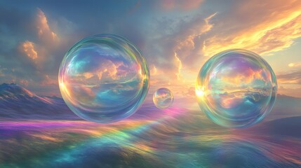 
A 3D wallpaper of transparent glass orbs floating in space, refracting gradient pastel colors. Light flows through the glass creating prism effects with soft rainbow hues. The background fades into a