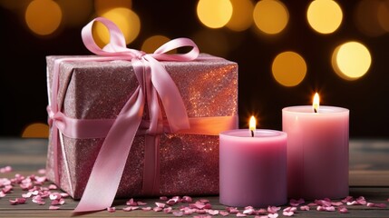 A pink gift box adorned with a satin ribbon and two pink candles on a wooden surface with a backdrop of warm bokeh lights.