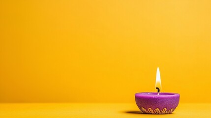 A single purple candle with a flame burning against a yellow background.