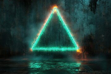 Wall Mural - A glowing neon triangle against a dark, textured wall, creating a moody atmosphere.