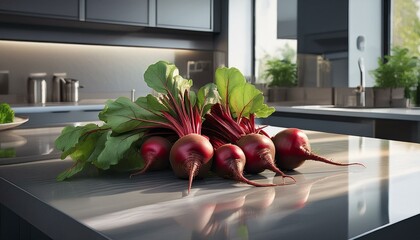 Beets on a steel silver table in a modern style kitchen, food photography