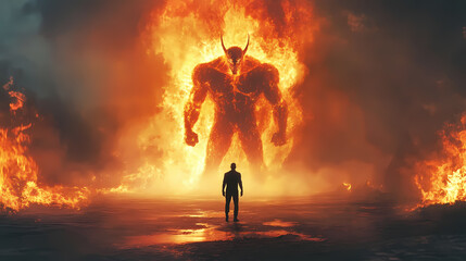 Wall Mural - Devil or demon standing in front of a man generative ai. Fire Demon. Illustration